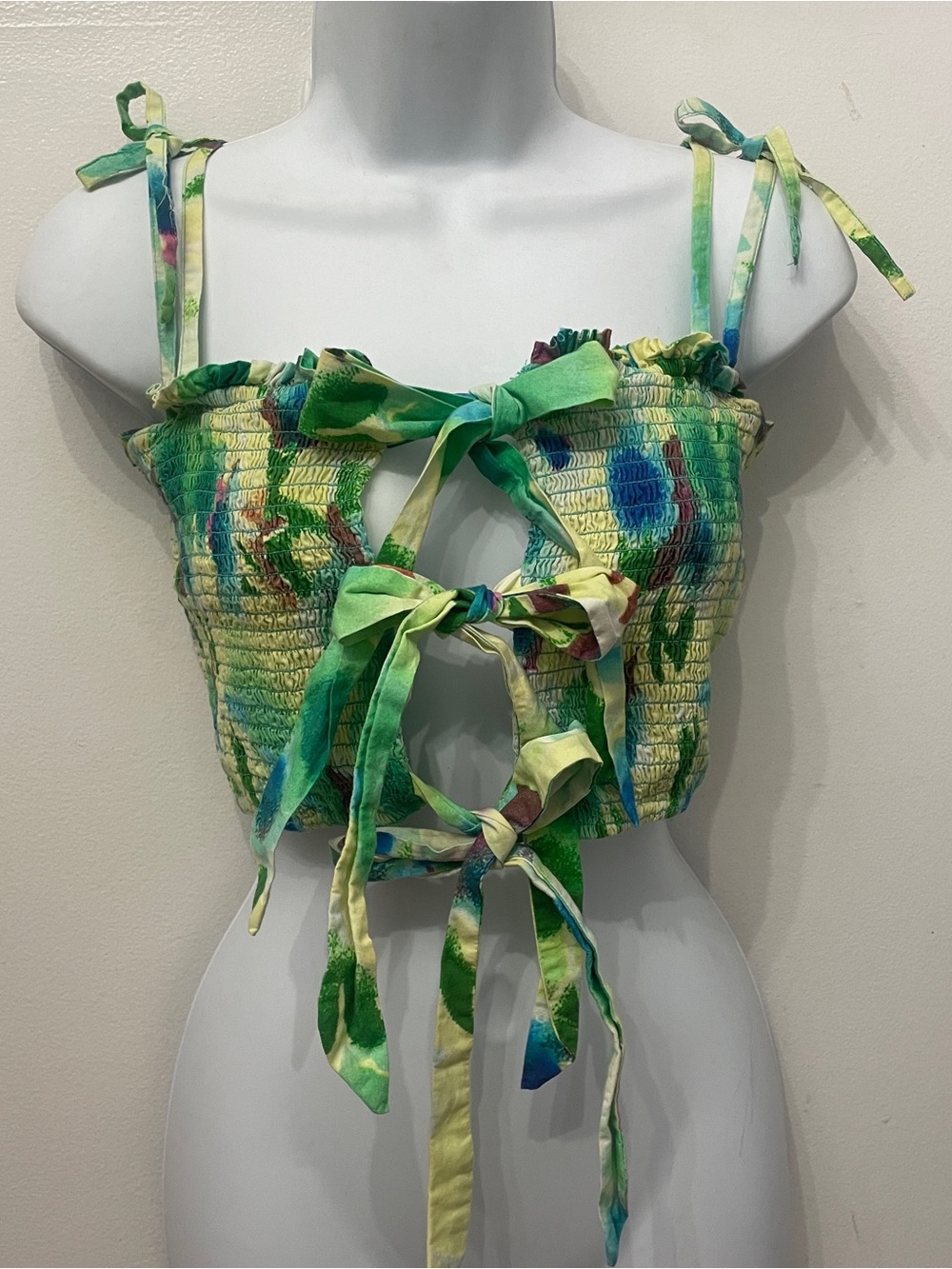Damson Matter Tie-Front Smocked Crop Top in Green Multi